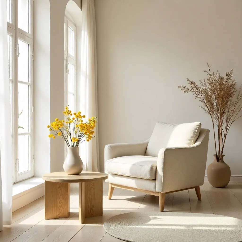 Serene Minimalist Living Room with Beige Armchair and Yellow Flowers