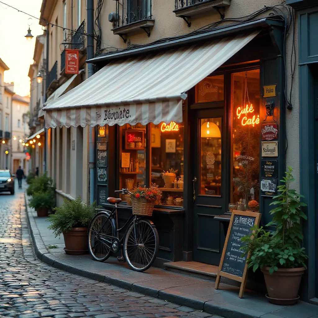 Cozy Street Café with Striped Awning and Eclectic Signage