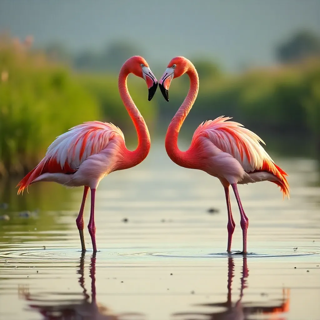 Heart-Shaped Flamingos in a Serene Outdoor Scene