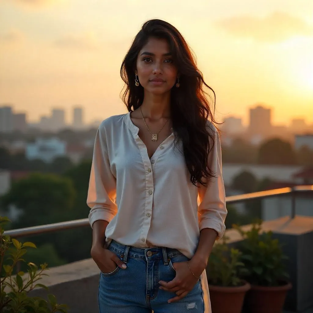 Golden Hour Rooftop Portrait: Indian Woman