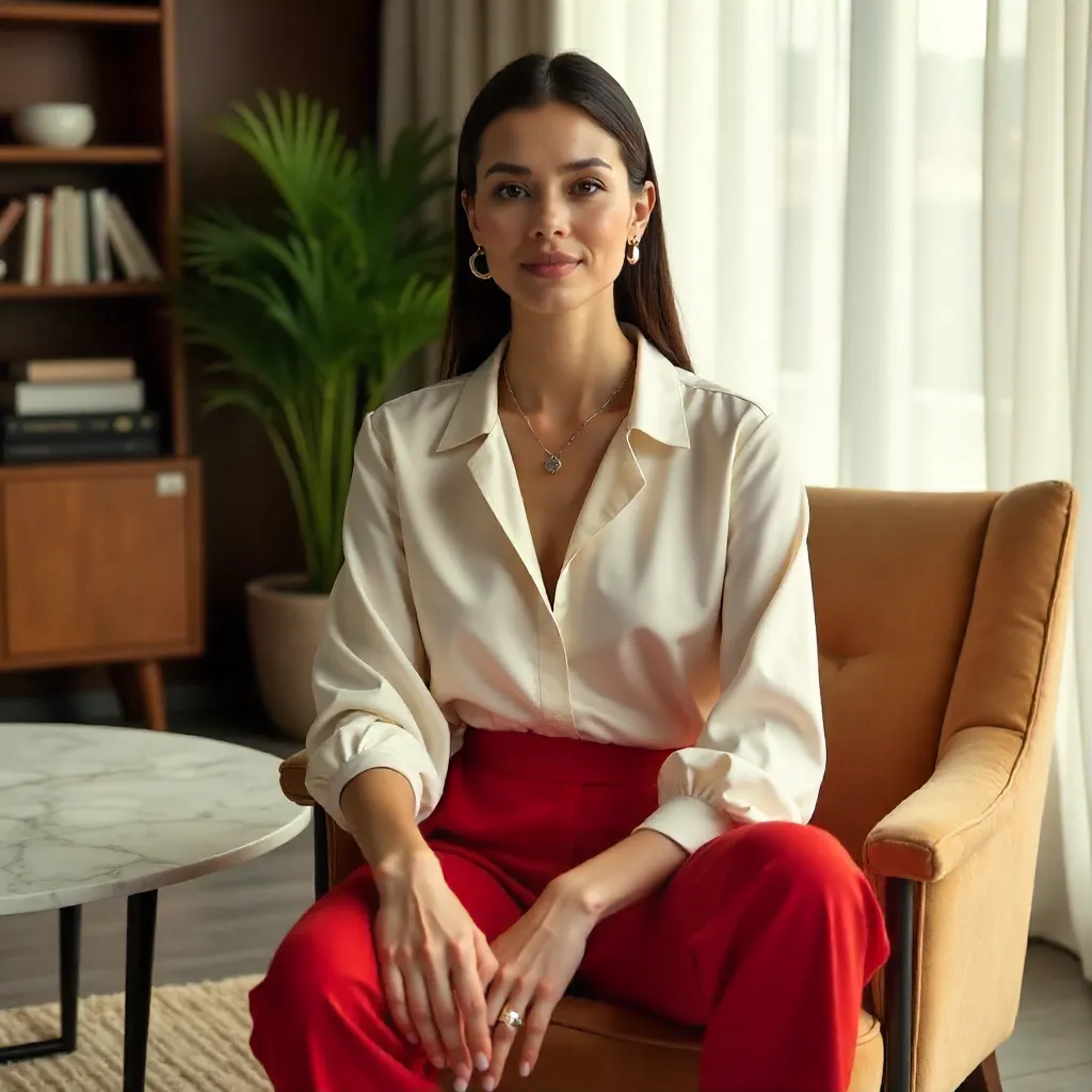 Elegant Woman in White Blouse and Red Pants Indoors