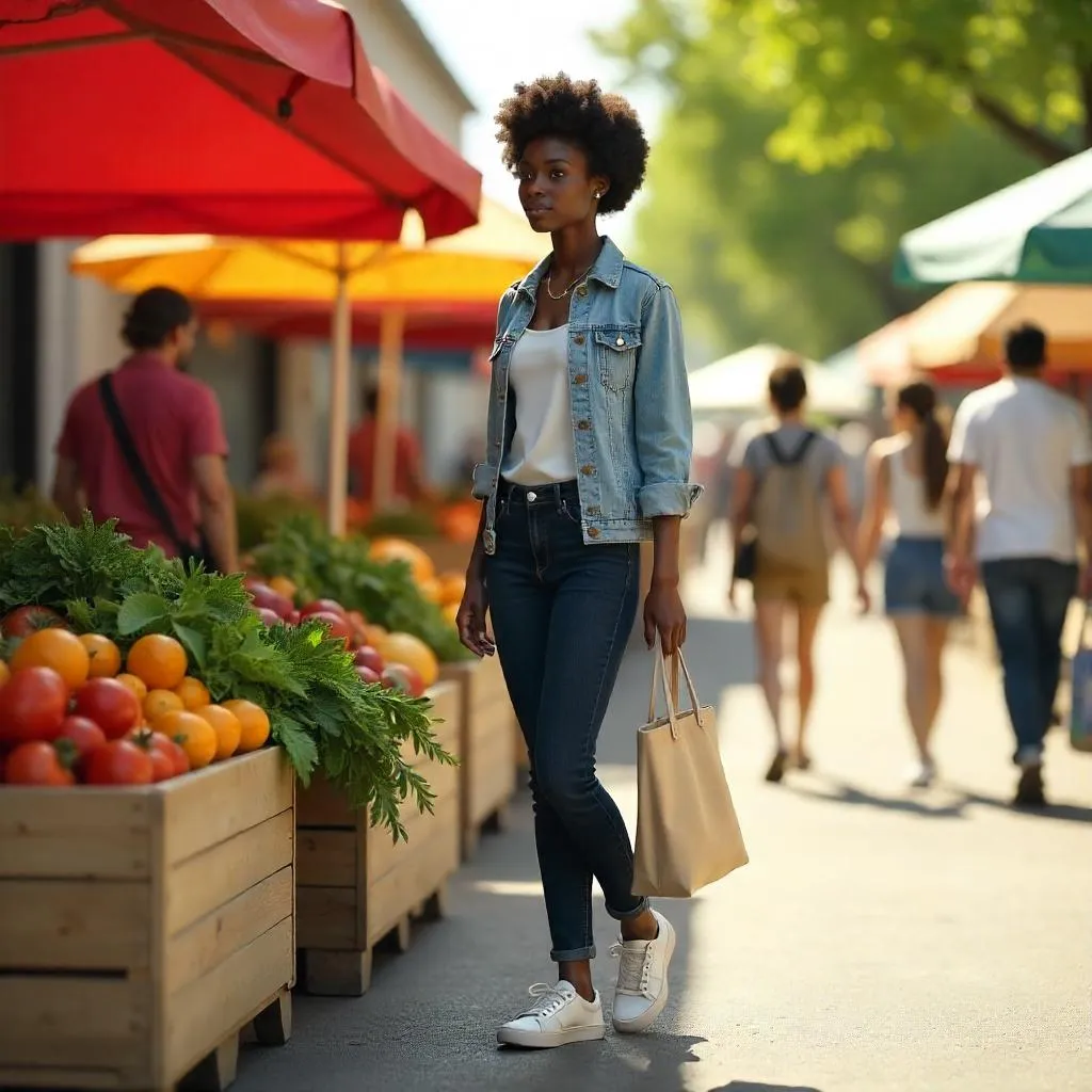 Young Black Woman at a Lively Farmers Market