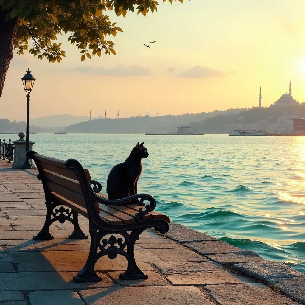 Tranquil Bursa Seaside Bench and Black Cat
