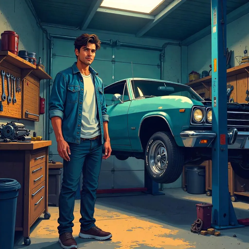Anime-Style Latino Man in a Garage