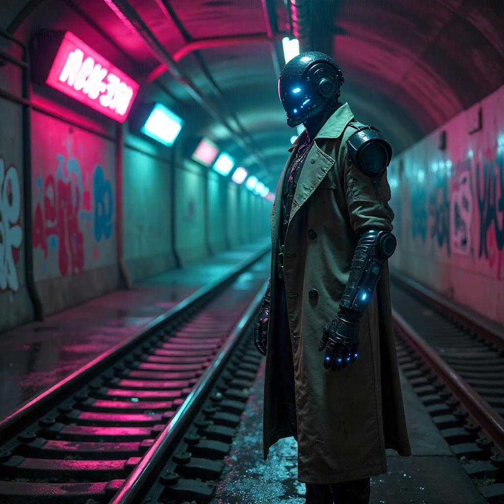 Cyborg in a Neon Subway Tunnel