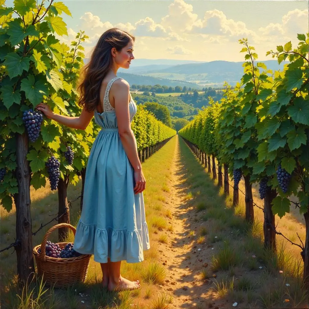 Young White Woman in a Vineyard — Oil Painting