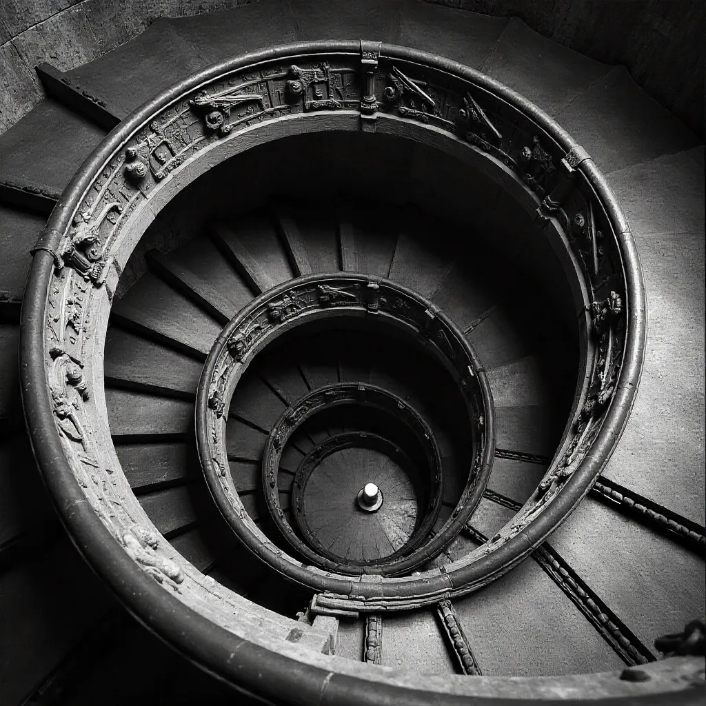 Monochrome Spiral Staircase at Château de Pierrefonds