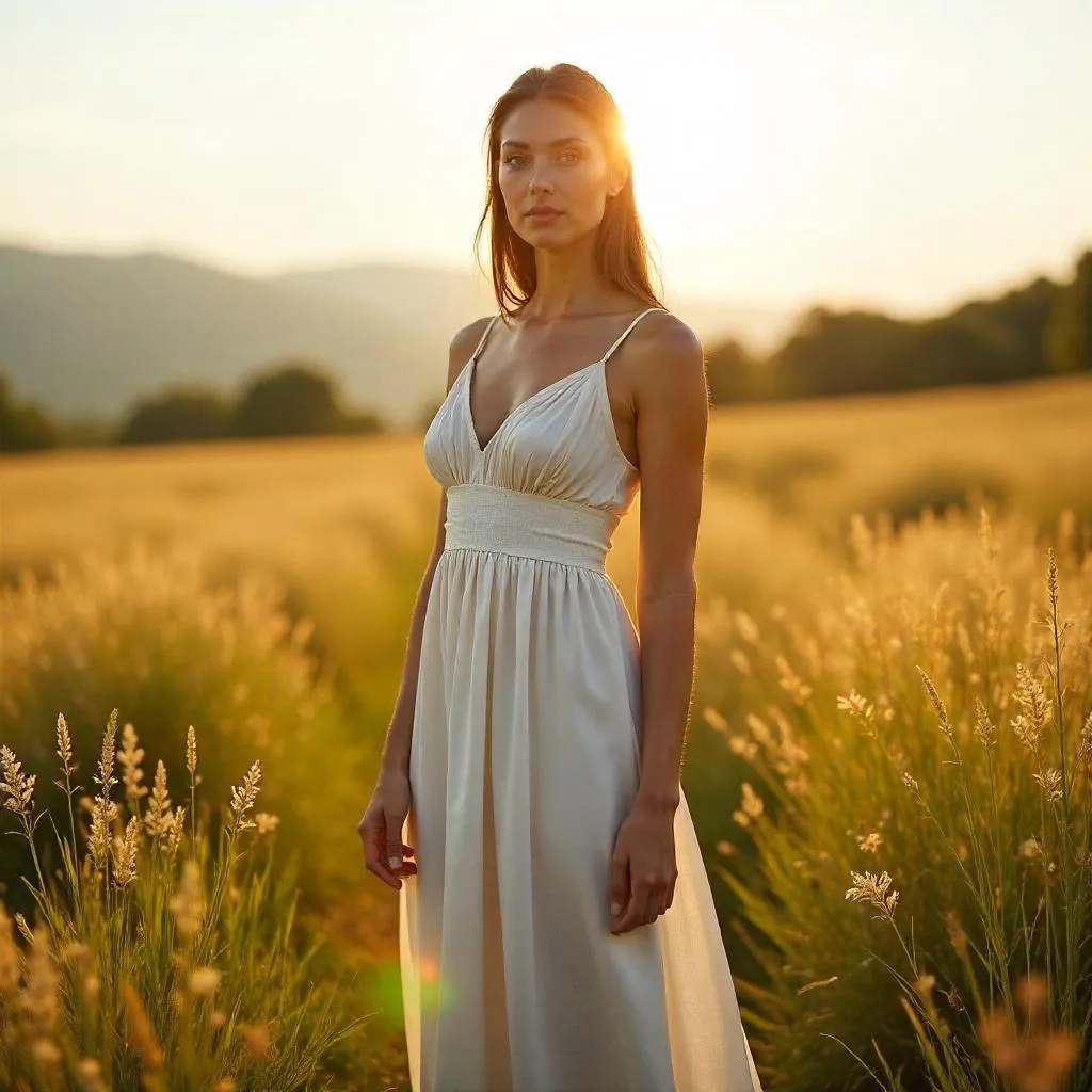 Confident White Woman in a Sunlit Meadow