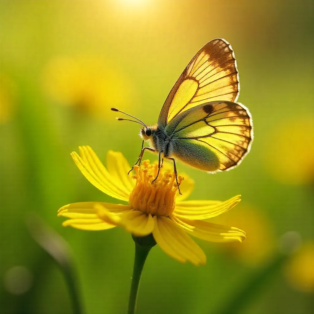 Sunlit butterfly on yellow wildflowers in a meadow