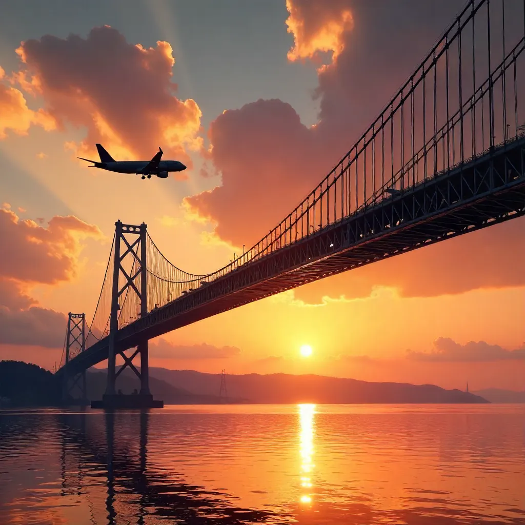 Sunset Silhouette: Airplane Over the Bridge