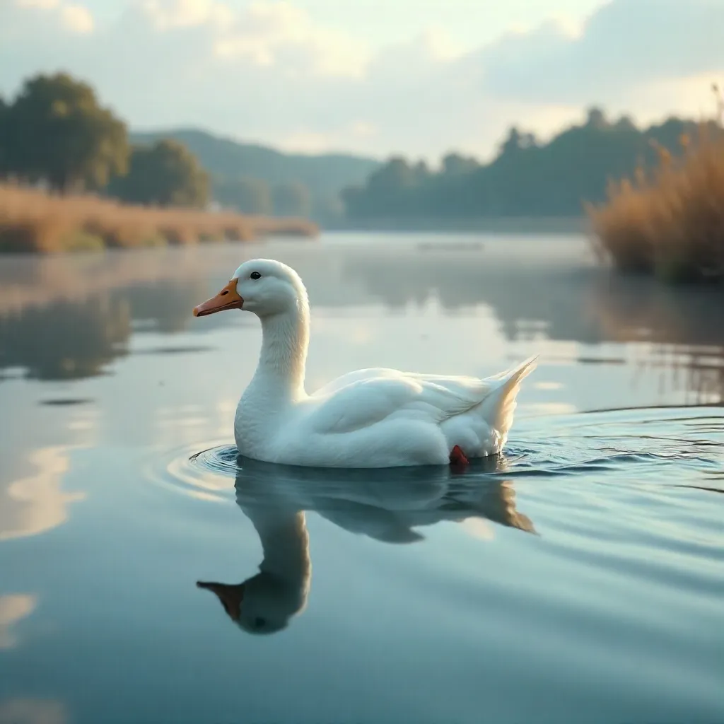 Reflection of a White Duck on a Tranquil Lake