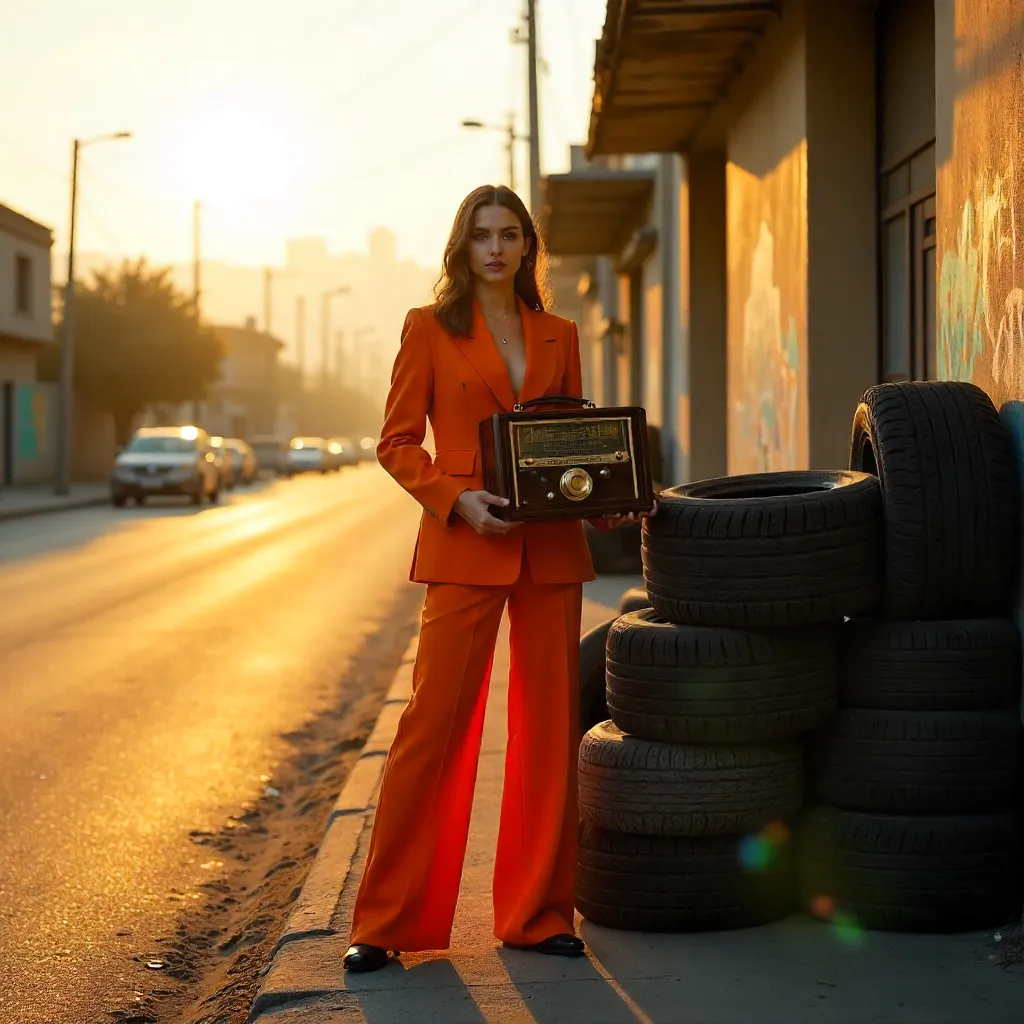 Tehran Sunset Chic: Orange Suit & Vintage Radio