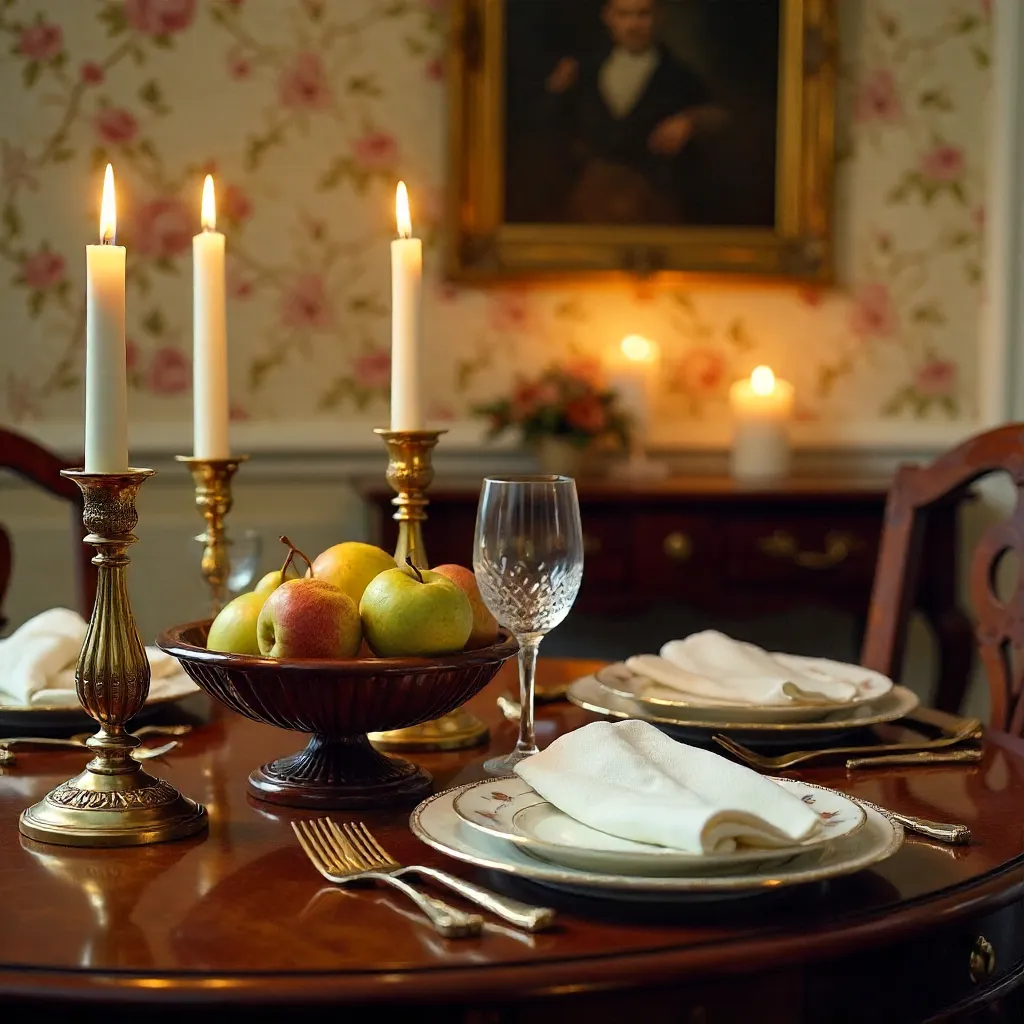Candlelit Vintage Dining Under Floral Wallpaper