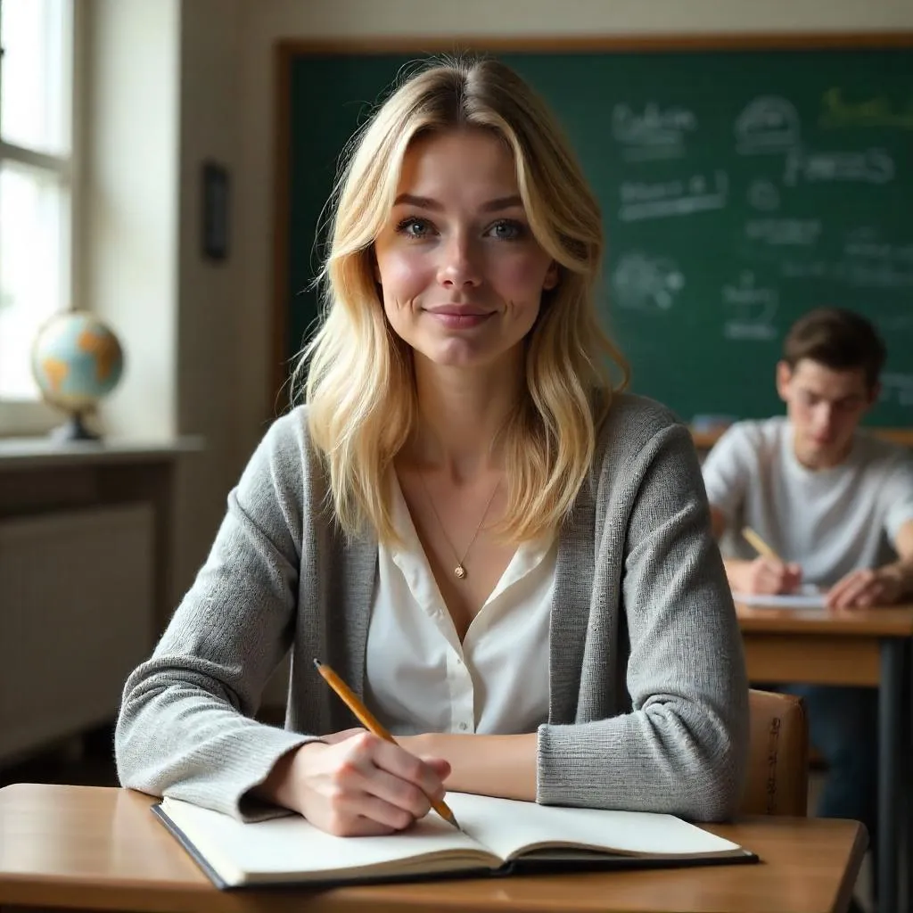 Photorealistic portrait of a young white woman in a classroom