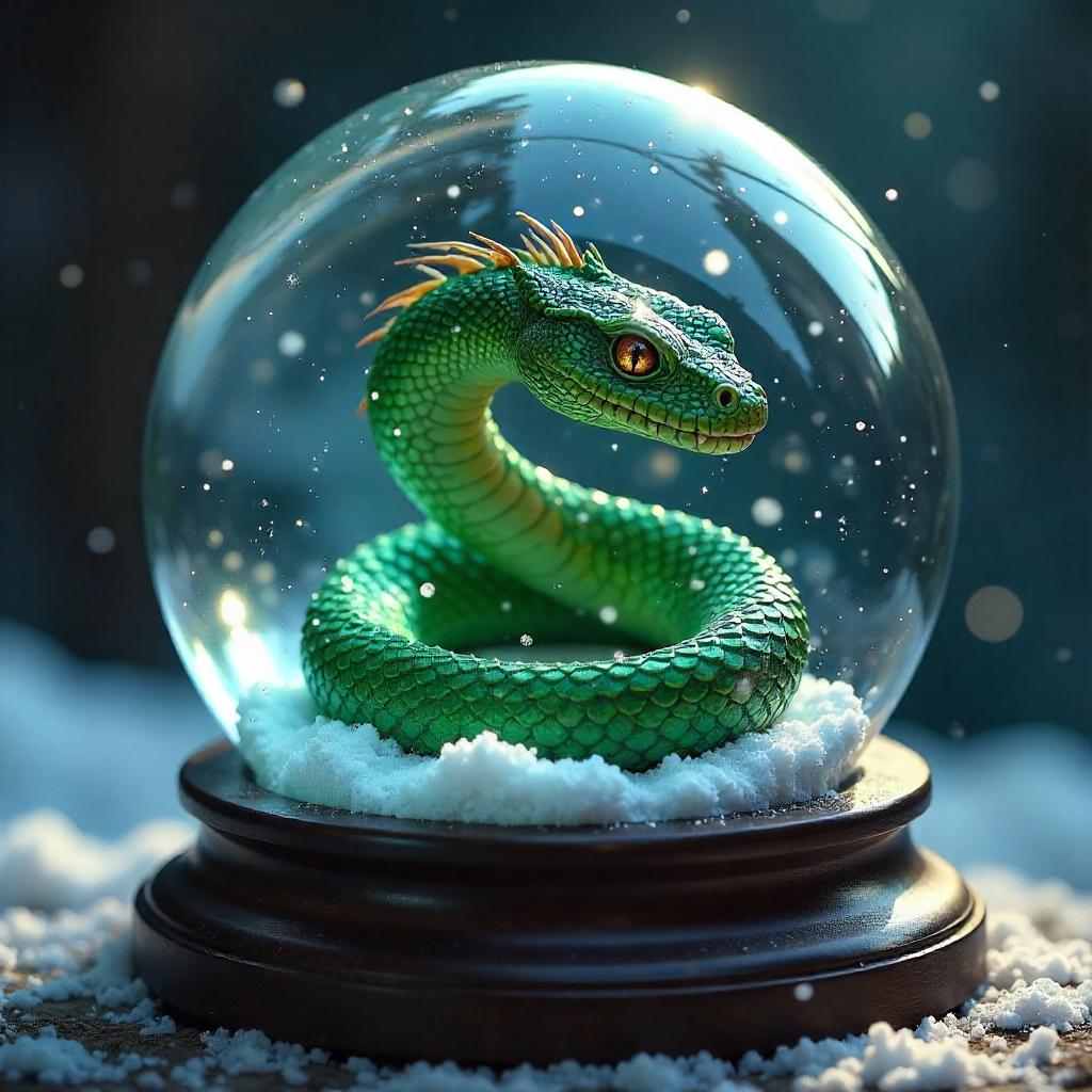 Photoreal Basilisk in a Snow Globe