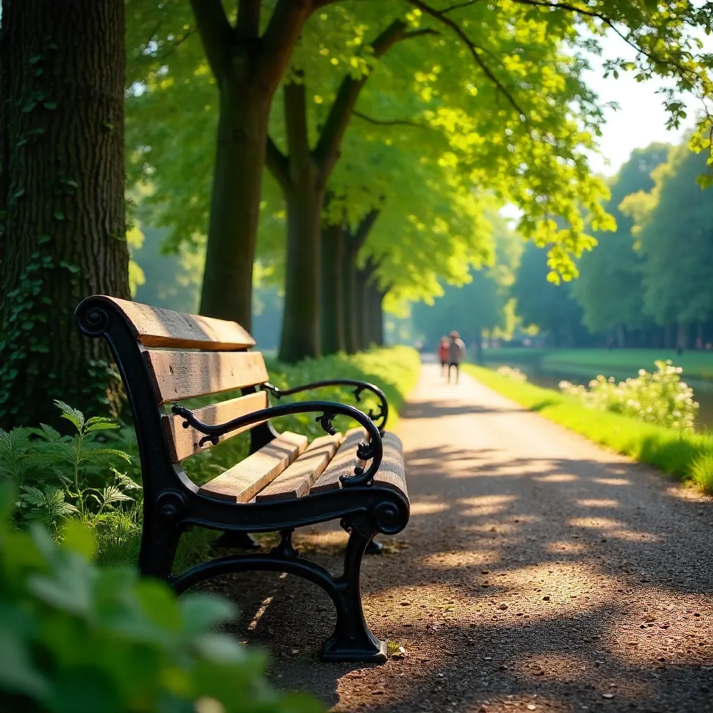 Sunny Munich Park Bench Amid Lush Greenery