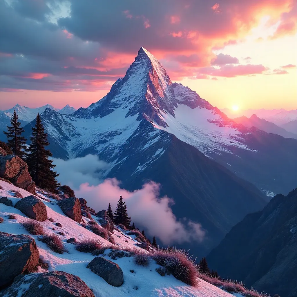 Alpenglow Sunrise on a Majestic Mountain Peak