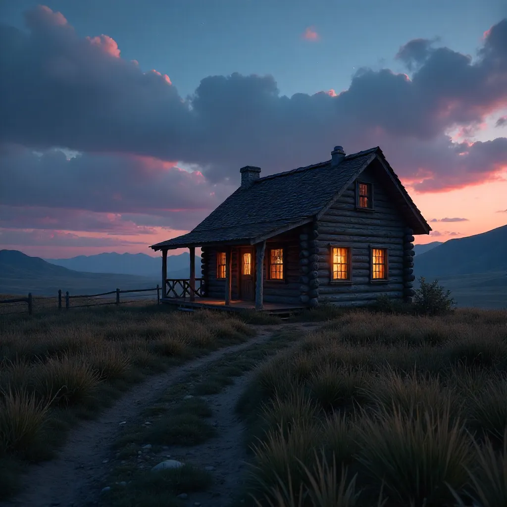 Twilight Rustic Cabin on Open Grassland