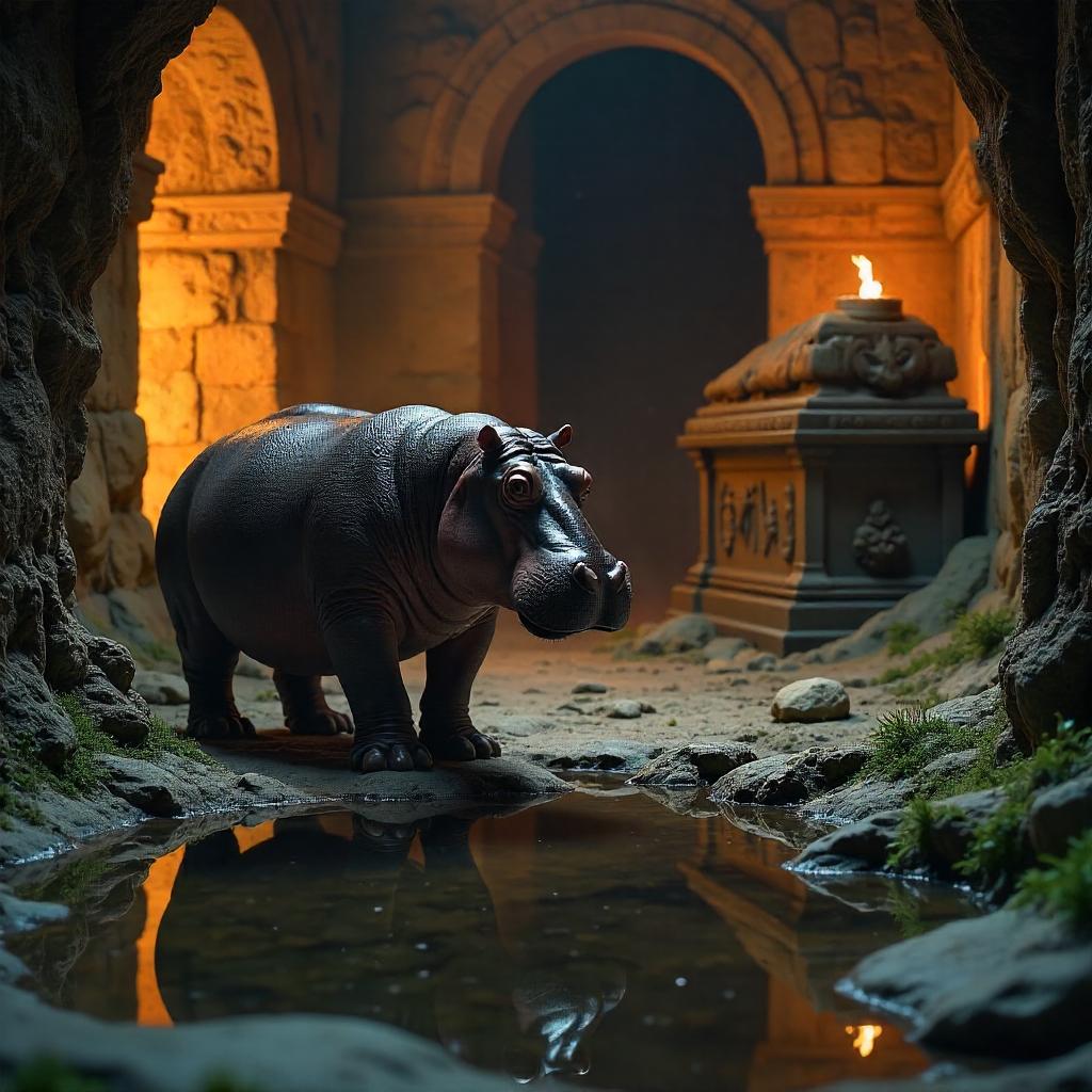 Photoreal Hippo in a Mossy Crypt at Dusk