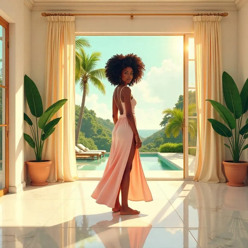 Elegant Anime Portrait of a Black Woman in a Villa