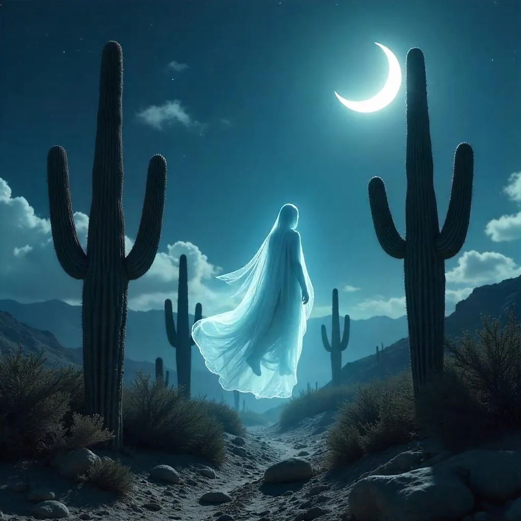 Photoreal Wraith Among Desert Cacti at Night