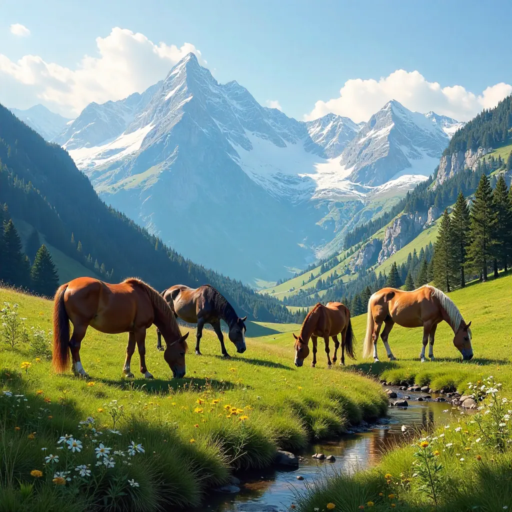 Serene Alpine Meadow with Grazing Horses