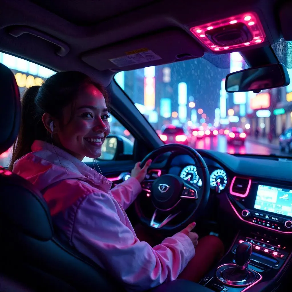 Cheerful Latina in a Neon Cyberpunk Car