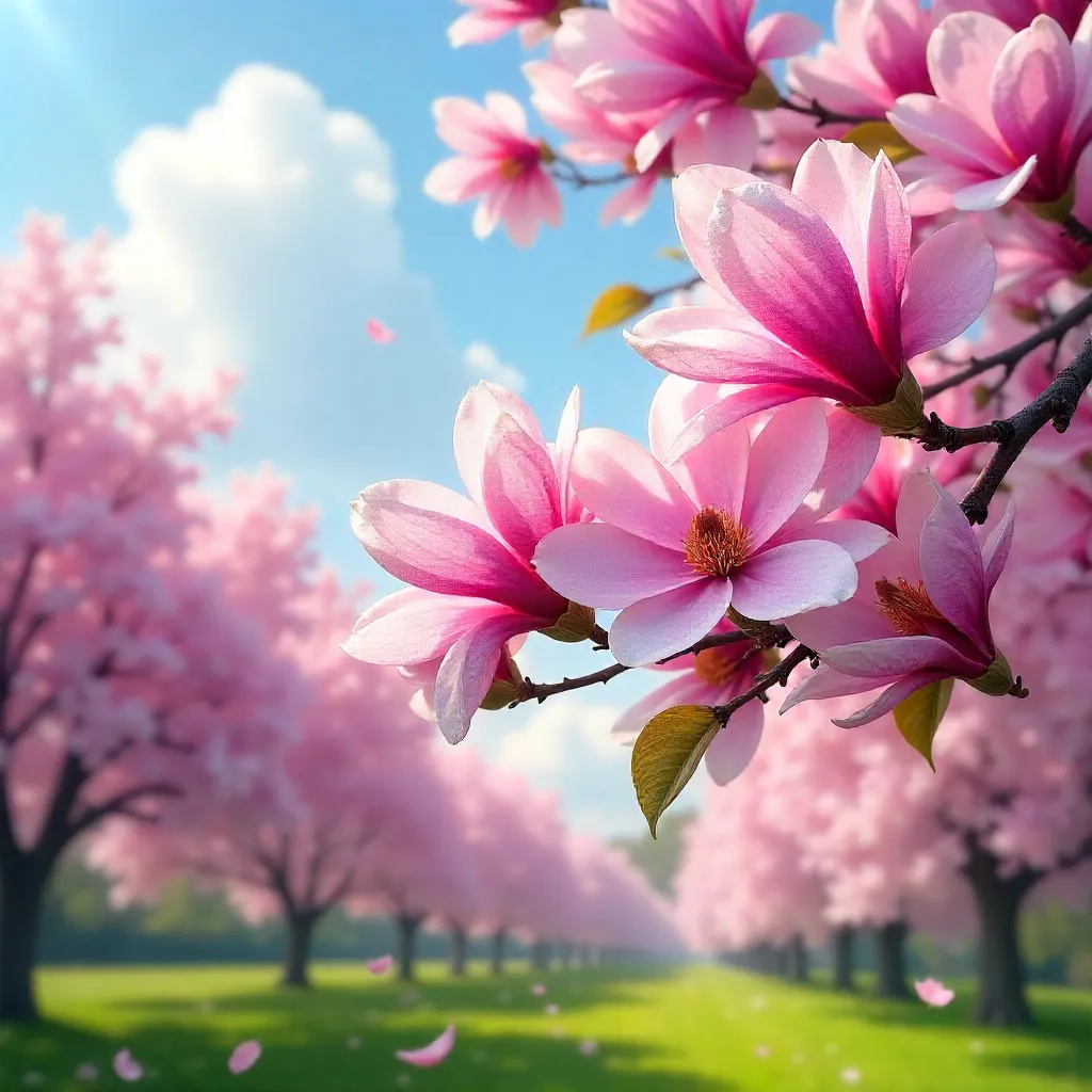 Vibrant Pink Magnolias: Spring Under Azure Sky