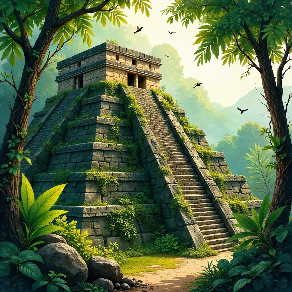 Watercolor Pyramid Hidden in Jungle Canopy