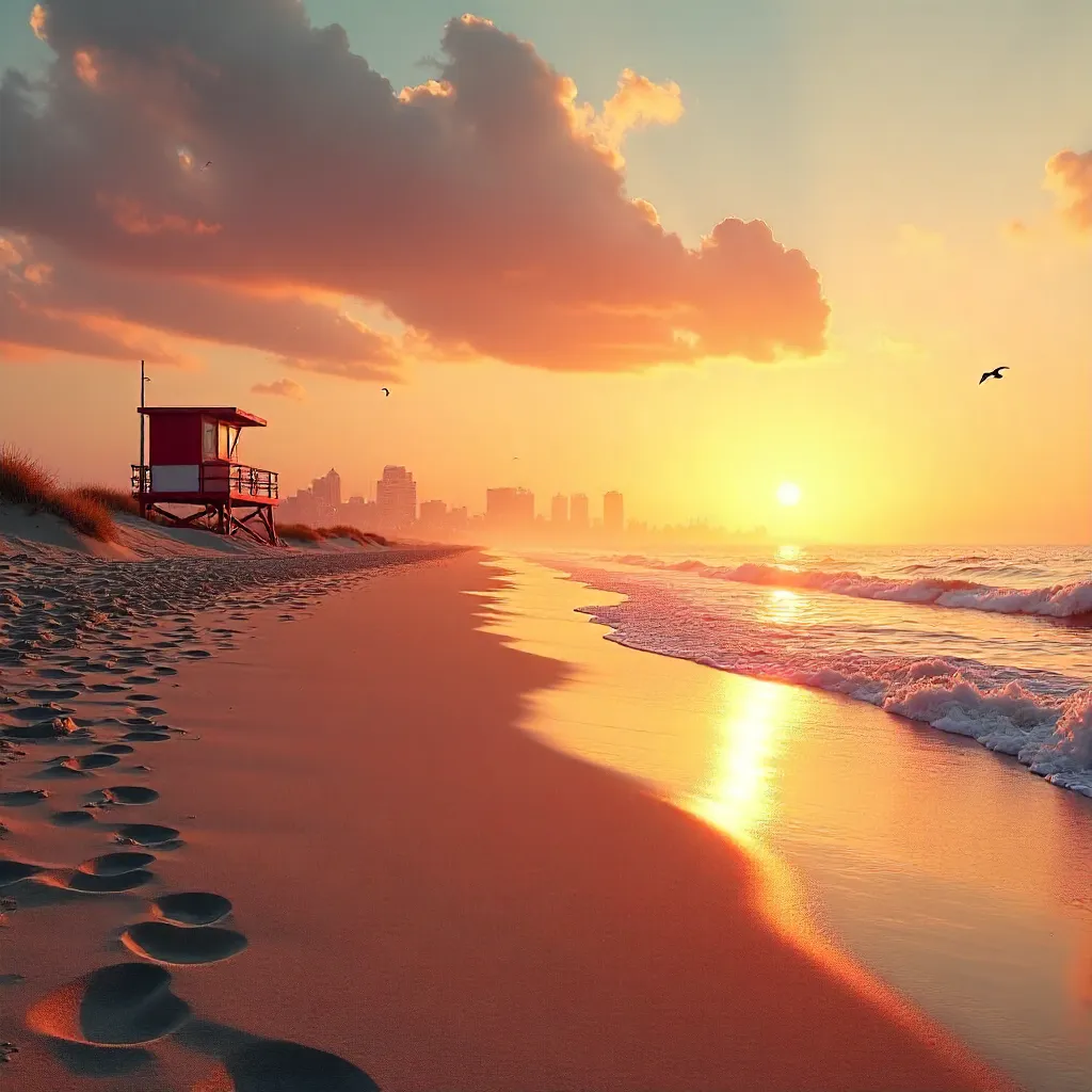 Serene Beach Sunset with Lifeguard Tower and Skyline