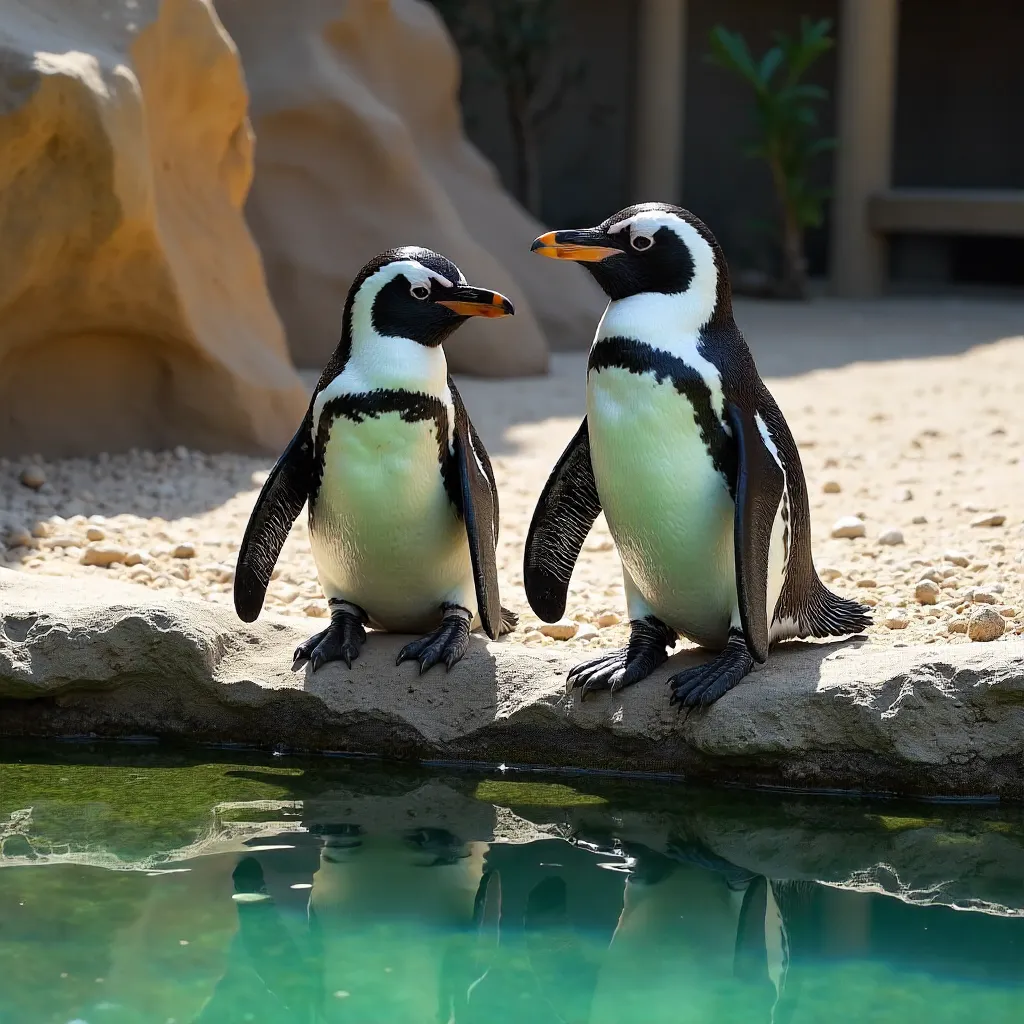 Two Humboldt Penguins Rest by Rocky Pool at Callao Zoo