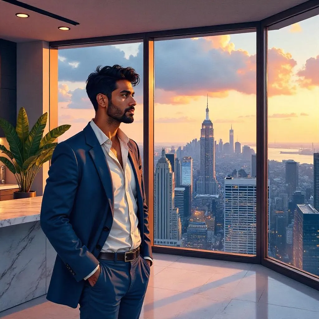 Watercolor Portrait: Young Indian Man in a Penthouse