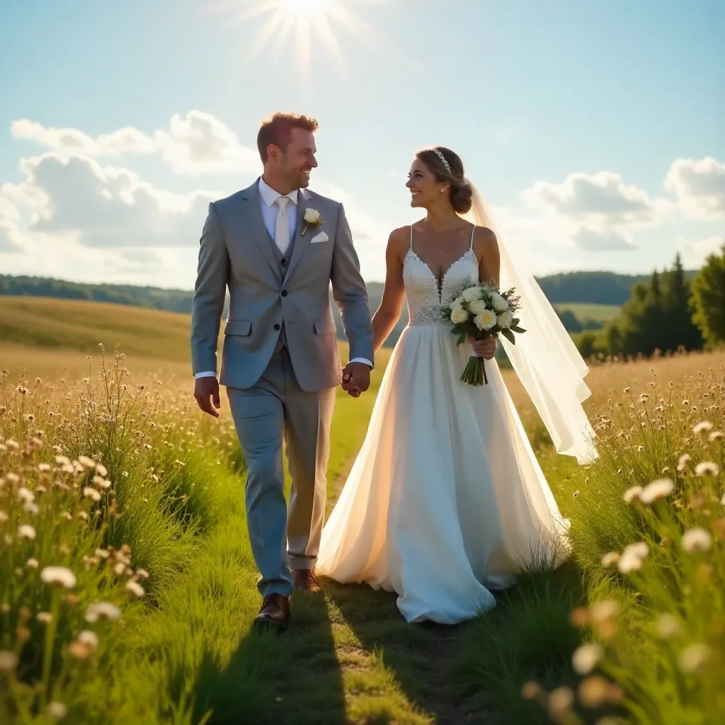 Sunlit Wedding Walk in Blooming Landscape