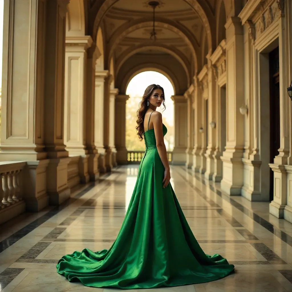 Flowing Gown in a Grand Arched Hallway