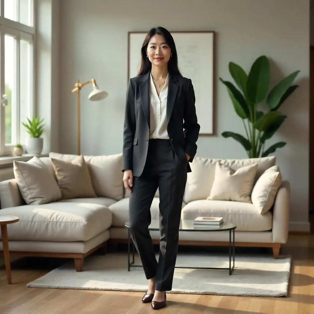 Confident Asian Woman in a Modern Living Room