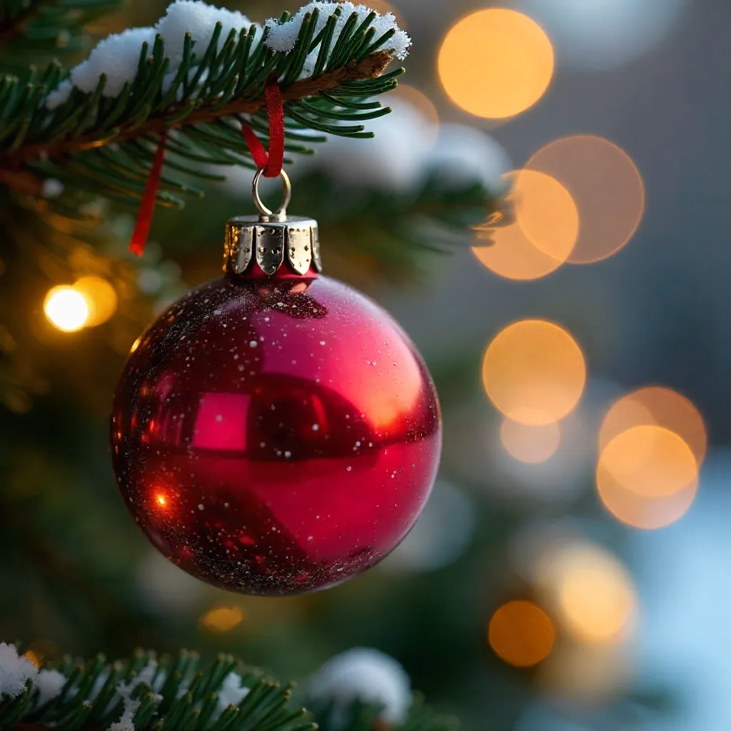 Close-Up Ornament on Pine Branch with Festive Glow