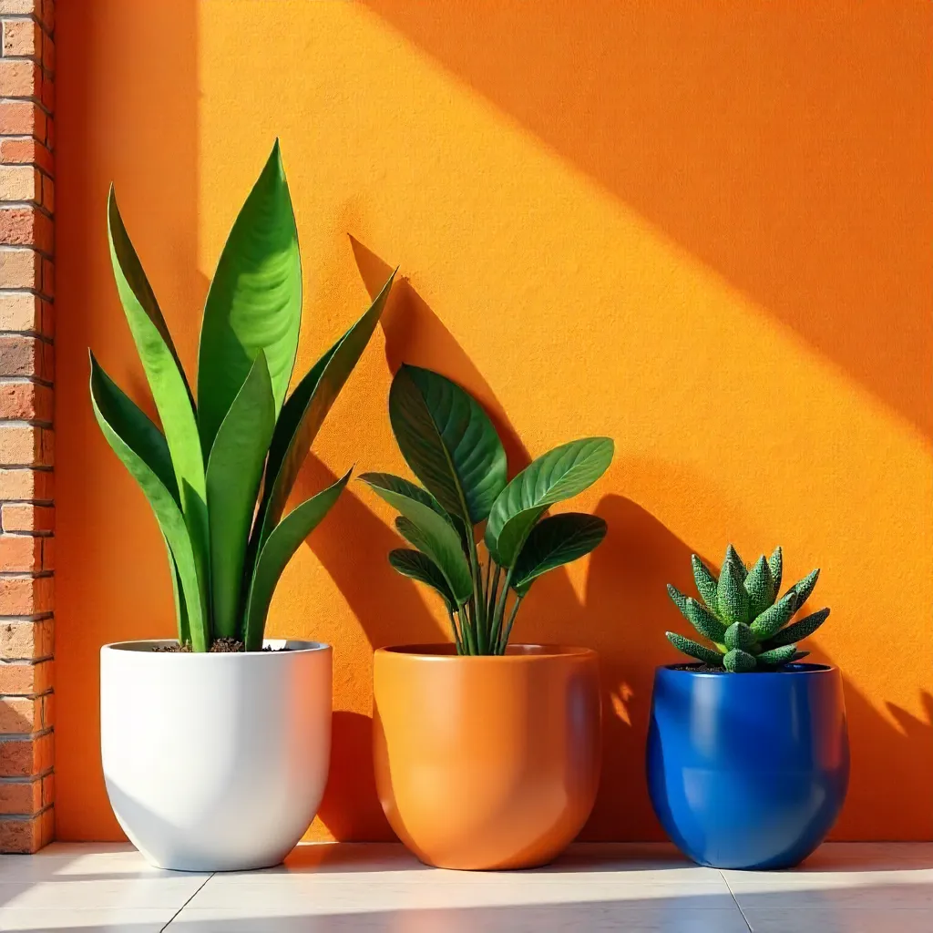 Three Potted Plants on Orange Brick Wall