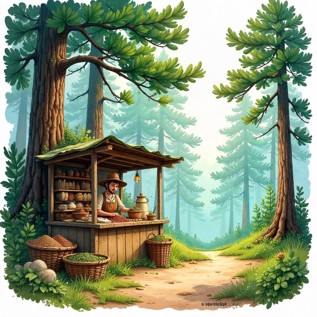 Watercolor Merchant in a Pine Forest