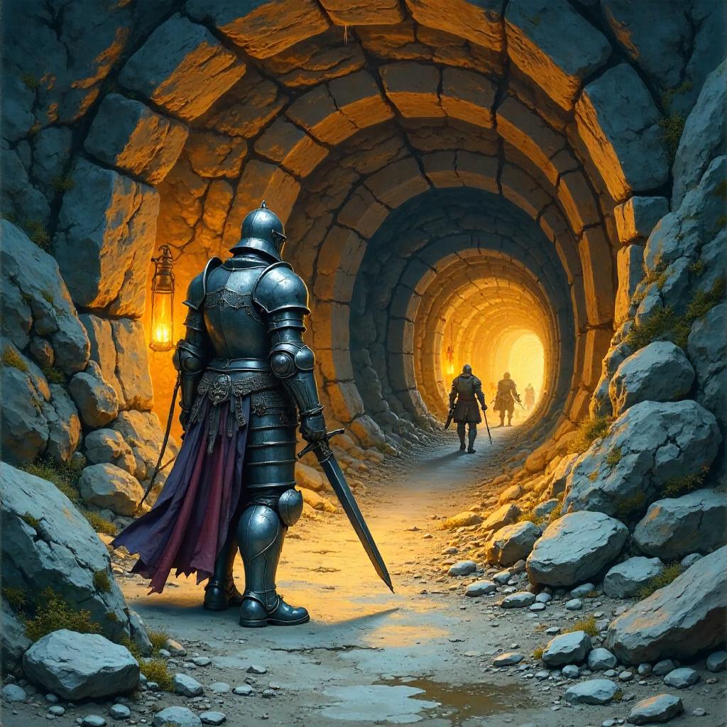 Watercolor Knight Exploring a Dwarf Mine