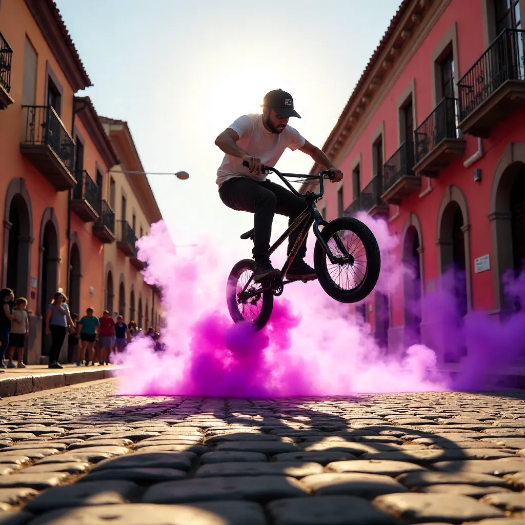 BMX Trick in Purple Smoke over Puebla