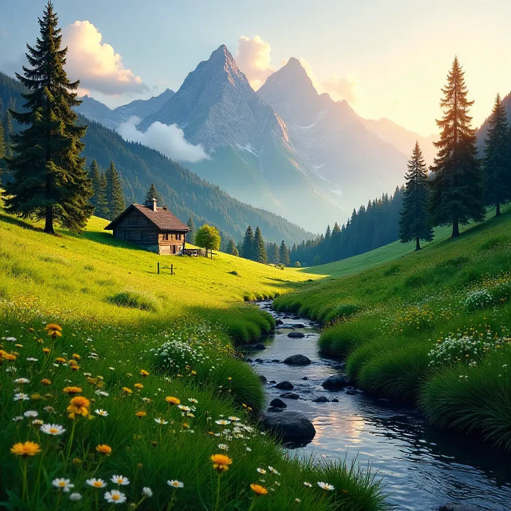 Misty Austrian Alpine Meadow at Dawn