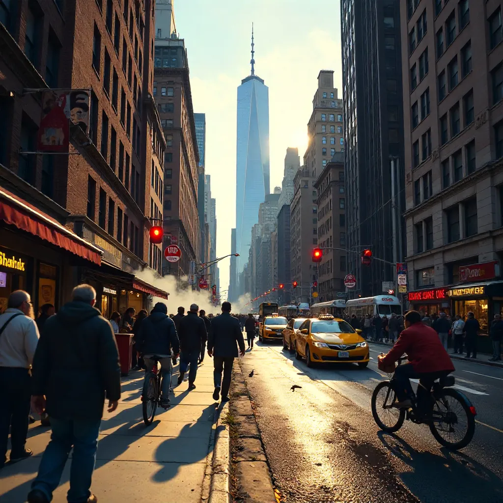 Busy NYC Street View with One World Trade Center