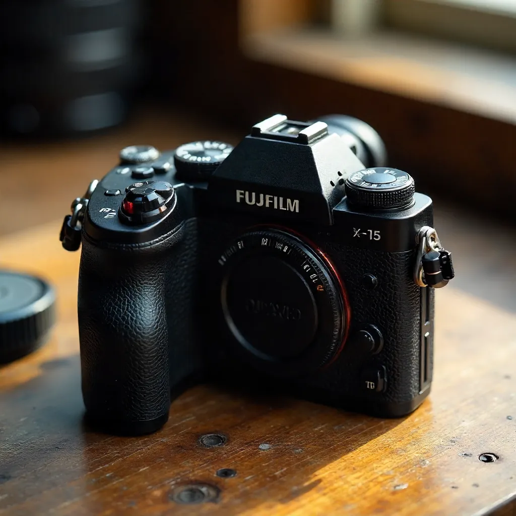 Close-Up Fujifilm X-T5 on Rustic Wood Table