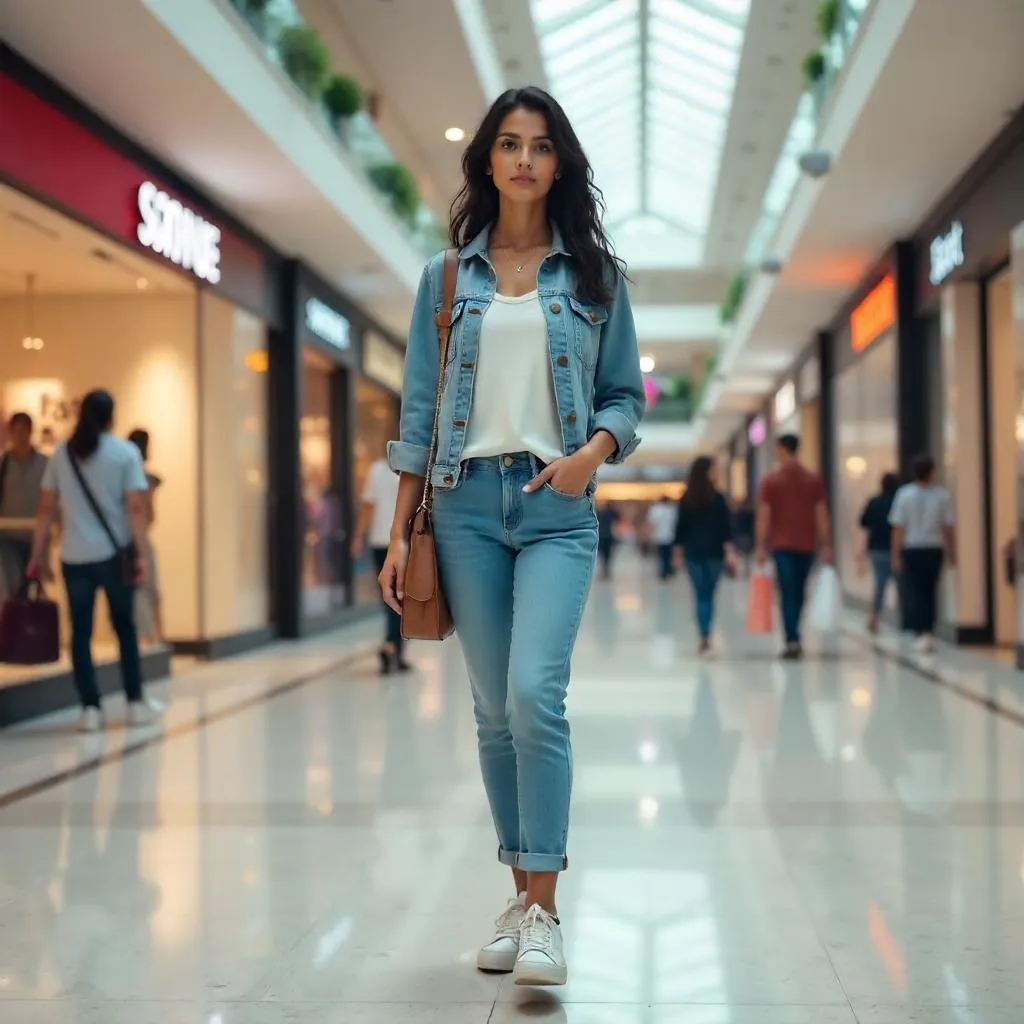 Photorealistic young Indian woman in a mall