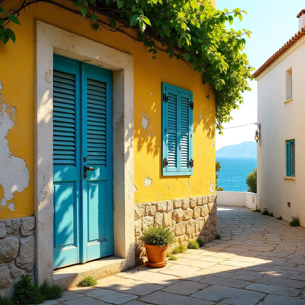 Rustic Corfu Yellow Wall with Peeling Paint and Closed Shutters