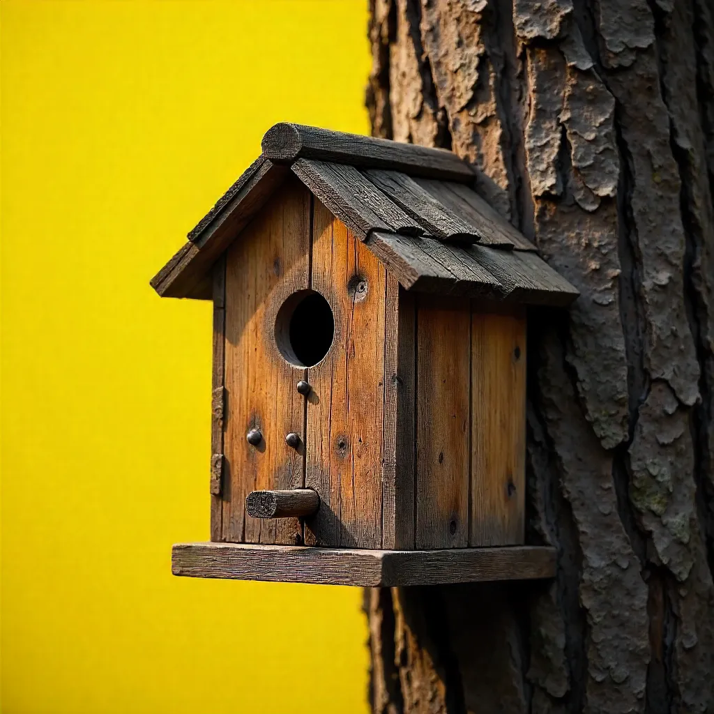 Rustic Birdhouse on a Tree with Yellow Backdrop