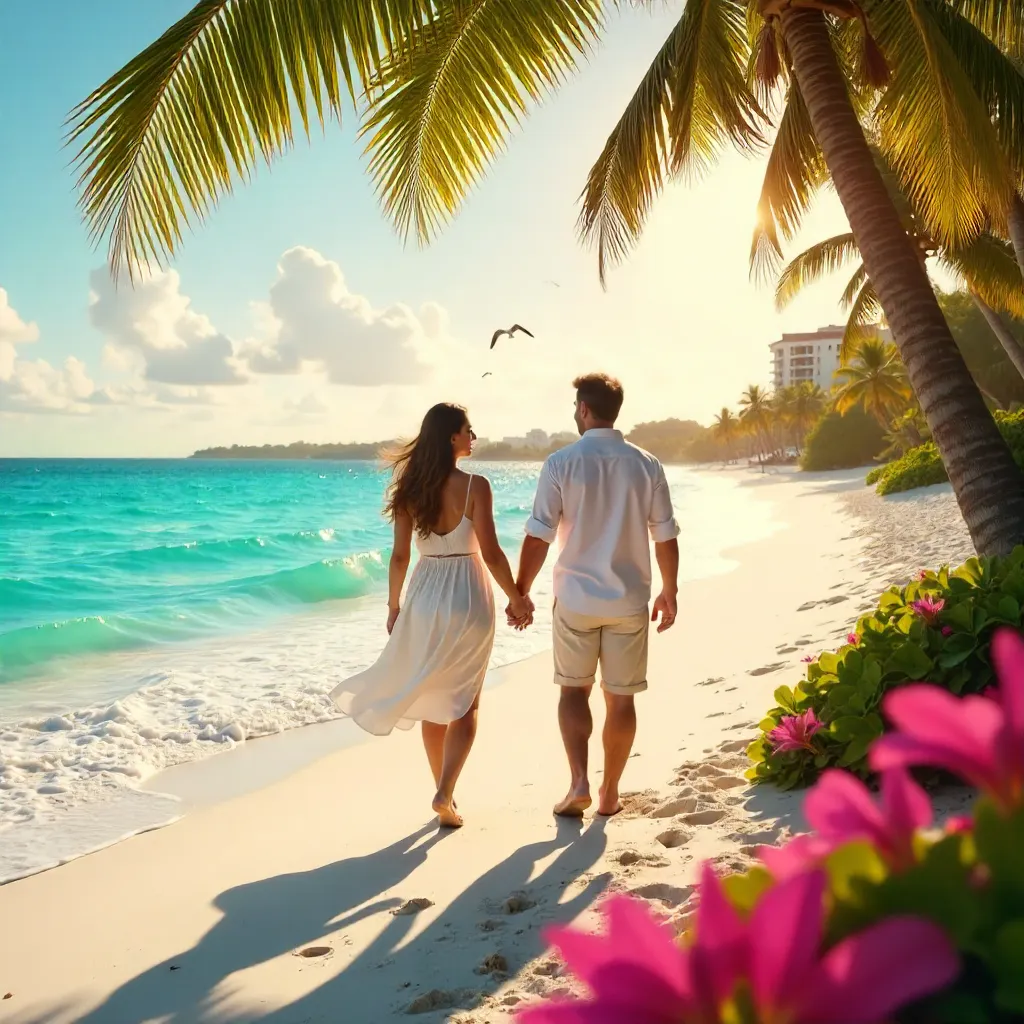 Couple strolling along Cancun turquoise shores