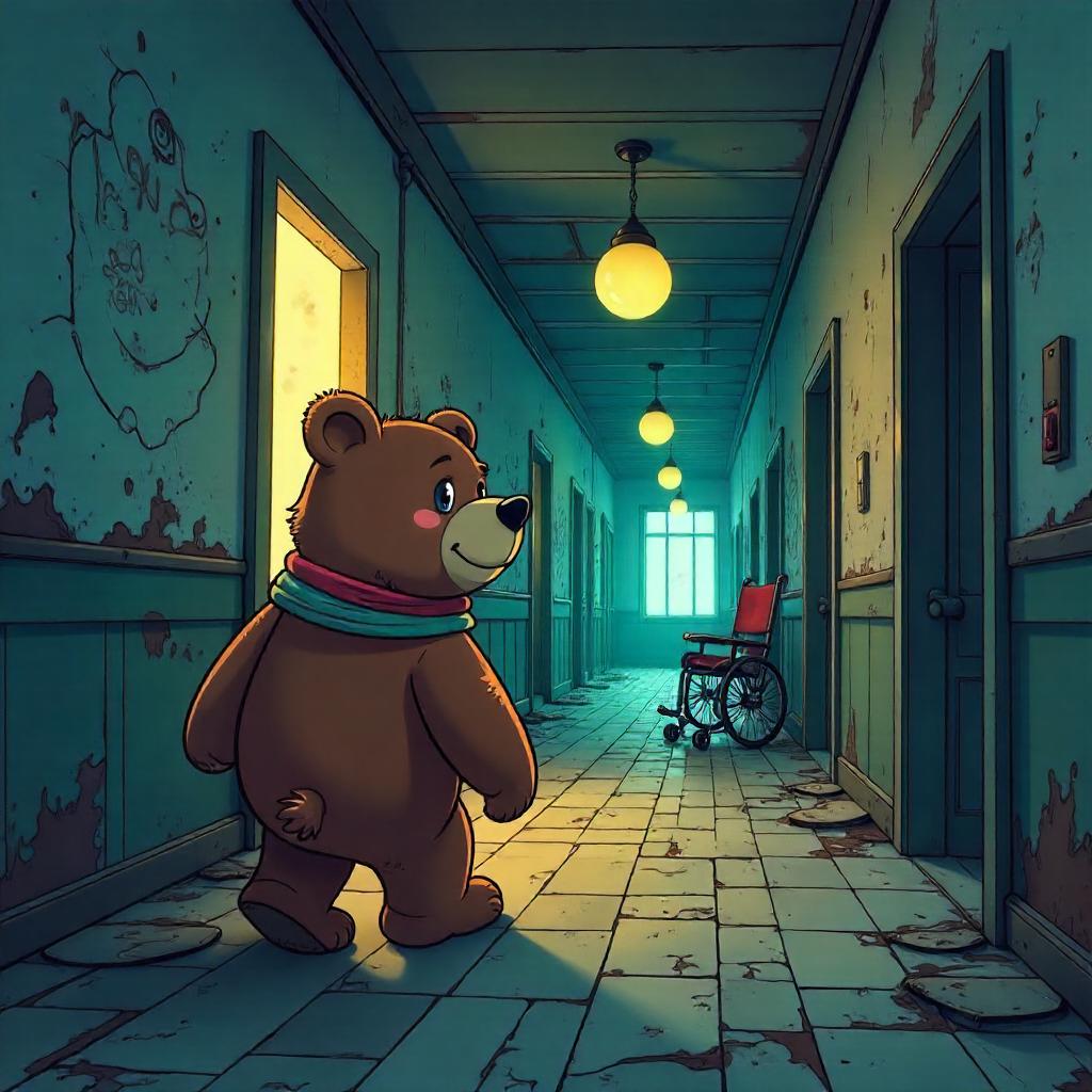 Cartoon Bear in a Crumbling Abandoned Asylum