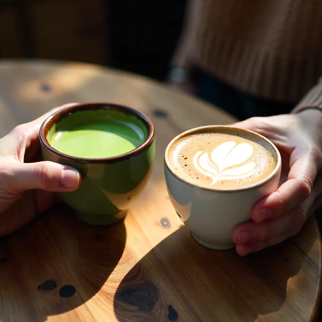 Close-Up: Hands Holding Matcha and Latte Cups on Rustic Table