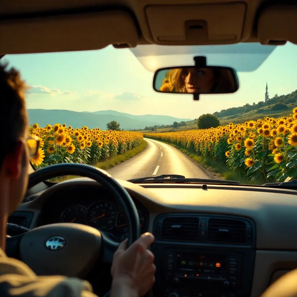 Sunflower Field View from a Car Window in Türkiye